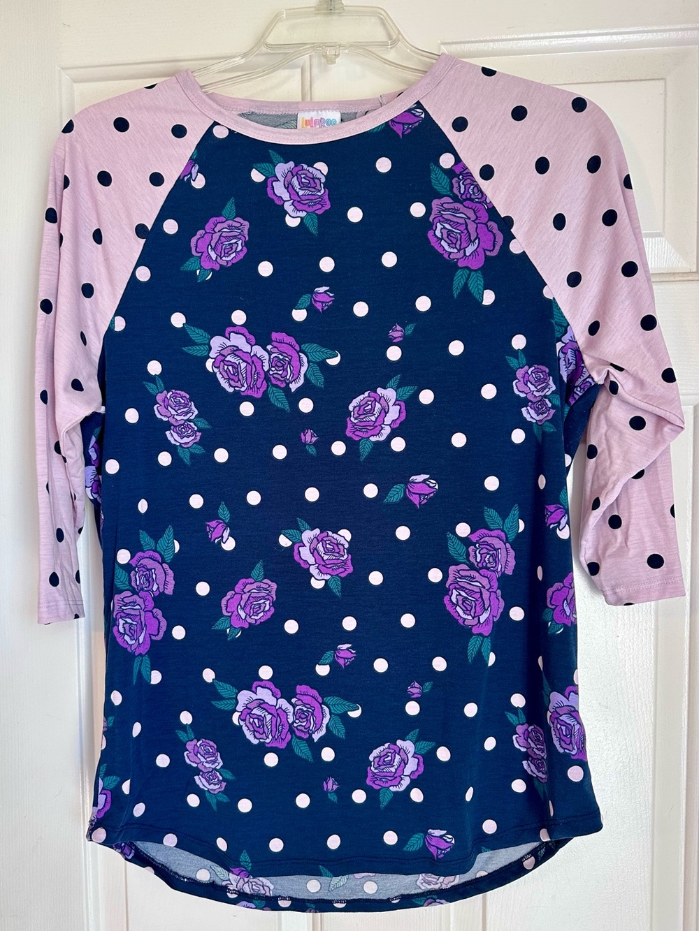 LuLaRoe Navy, Purple & Pink Floral Polka Dot Raglan Tunic